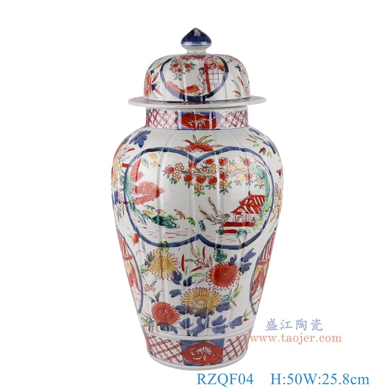 200件青花矾红刮筋山水人物将军罐，产品编号：RZQF04       产品尺寸(单位cm):  高50直径25.8口径底径15.6重量7.1KG