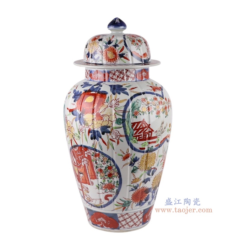 200件青花矾红刮筋山水人物将军罐，产品编号：RZQF04       产品尺寸(单位cm):  高50直径25.8口径底径15.6重量7.1KG