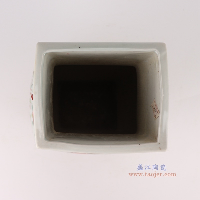150件青花矾红花鸟四方福桶瓶，产品编号：RZQF05       产品尺寸(单位cm):  高38直径19口径底径16.2重量2.7KG