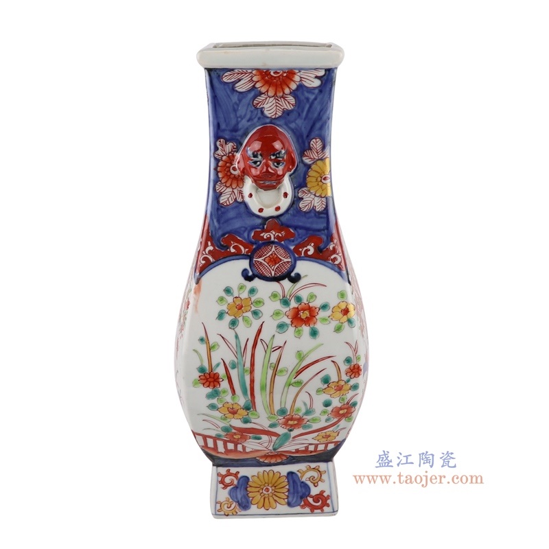 150件青花矾红花鸟四方福桶瓶，产品编号：RZQF05       产品尺寸(单位cm):  高38直径19口径底径16.2重量2.7KG