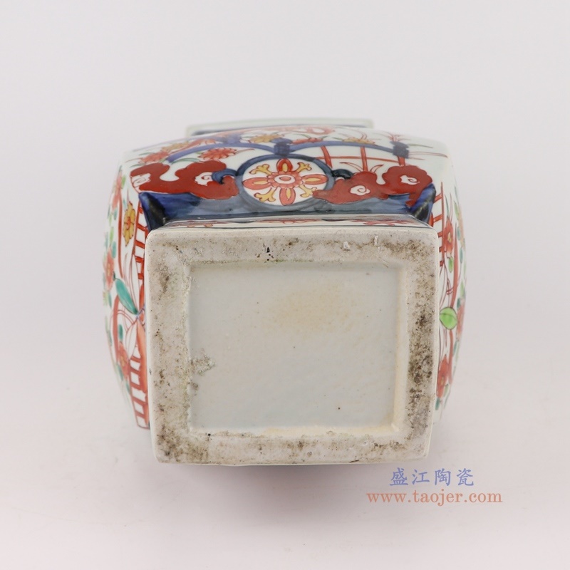 150件青花矾红花鸟四方福桶瓶，产品编号：RZQF05       产品尺寸(单位cm):  高38直径19口径底径16.2重量2.7KG