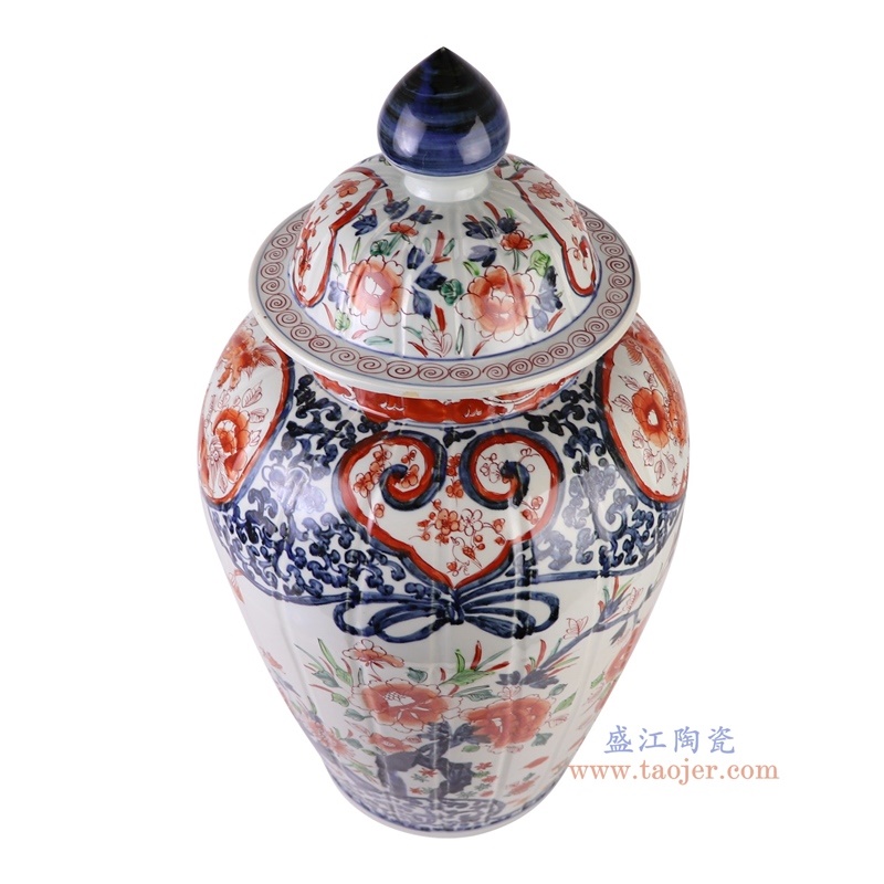 300件青花矾红刮筋花鸟将军罐，产品编号：RZQF06       产品尺寸(单位cm):  高58直径31口径底径19重量10.1KG