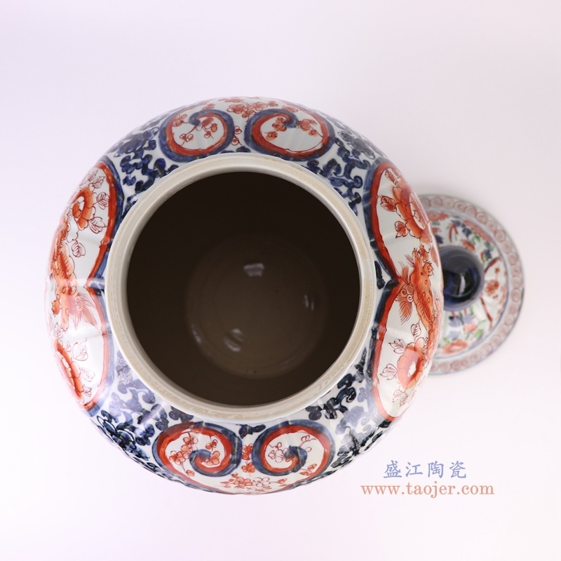 300件青花矾红刮筋花鸟将军罐，产品编号：RZQF06       产品尺寸(单位cm):  高58直径31口径底径19重量10.1KG