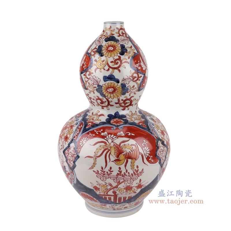 150件青花矾红花鸟胖葫芦瓶，产品编号：RZQF07       产品尺寸(单位cm):  高38.5直径22.7口径底径12重量4.25KG