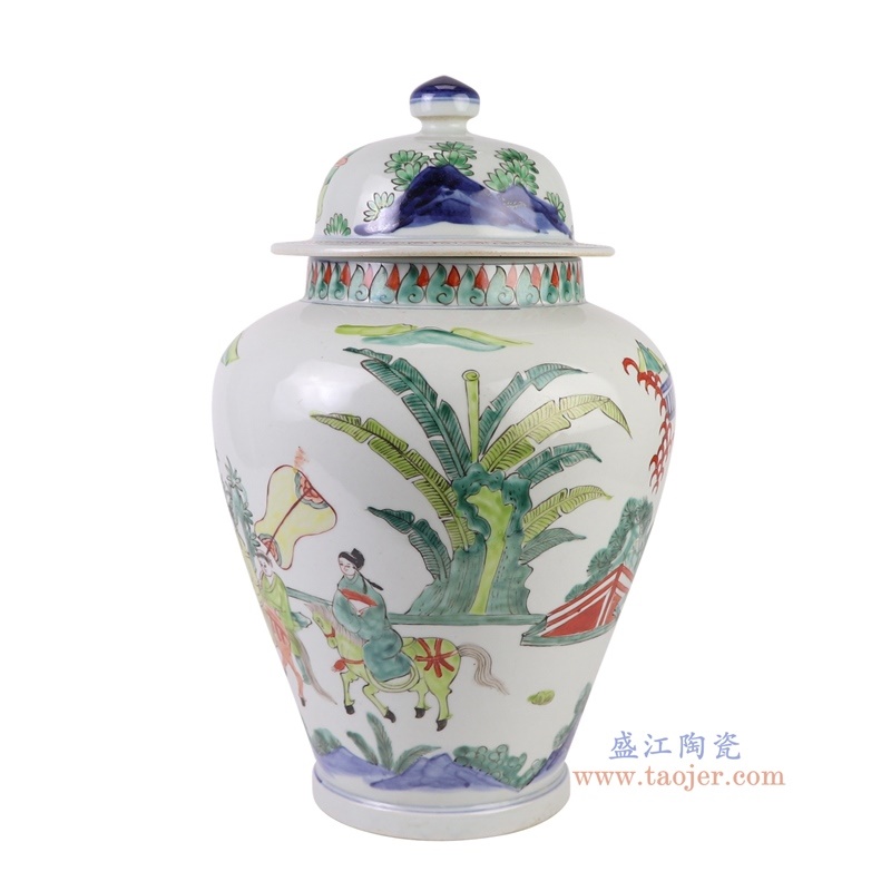 150件青花粉彩红绿斗彩骑马人物将军罐,产品编号:RZQF08 产品尺寸(单位cm): 高41直径26口径底径14.7重量5.4KG