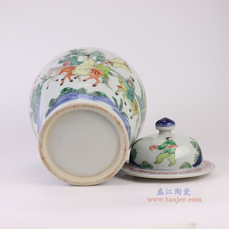 150件青花粉彩红绿斗彩骑马人物将军罐,产品编号:RZQF08 产品尺寸(单位cm): 高41直径26口径底径14.7重量5.4KG