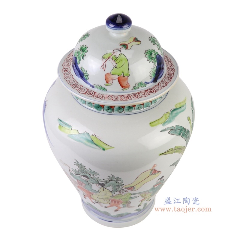 150件青花粉彩红绿斗彩骑马人物将军罐,产品编号:RZQF08 产品尺寸(单位cm): 高41直径26口径底径14.7重量5.4KG