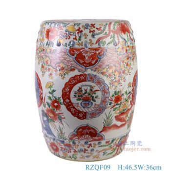 RZQF09   300件青花矾红锦地花鸟凉墩凳子 青花斗彩古伊万里风格，   高46.5直径36口径底径27.8重量11KG