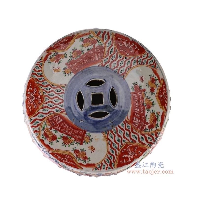 300件青花矾红锦地花鸟凉墩凳子，产品编号：RZQF09 产品尺寸(单位cm): 高46.5直径36口径底径27.8重量11KG