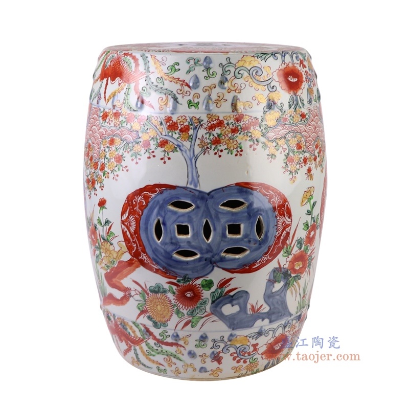 300件青花矾红锦地花鸟凉墩凳子，产品编号：RZQF09 产品尺寸(单位cm): 高46.5直径36口径底径27.8重量11KG