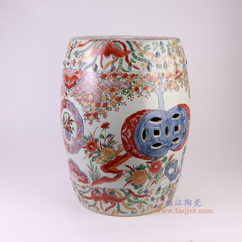 300件青花矾红锦地花鸟凉墩凳子，产品编号：RZQF09 产品尺寸(单位cm): 高46.5直径36口径底径27.8重量11KG