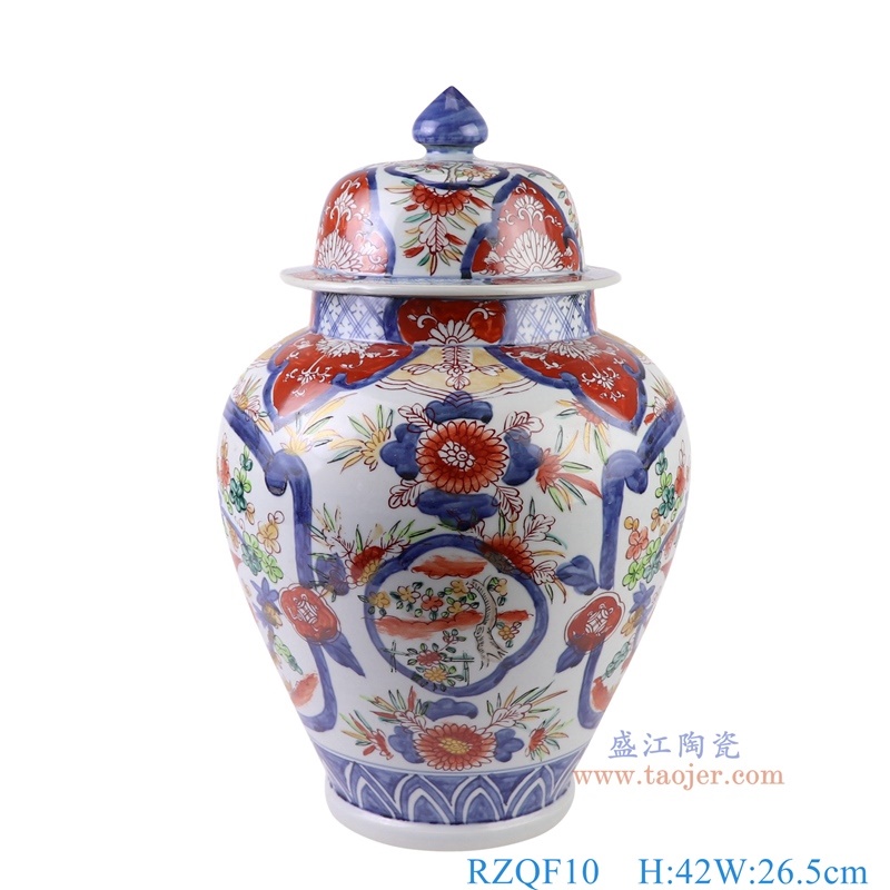 150件青花矾红开窗花鸟将军罐，产品编号：RZQF10       产品尺寸(单位cm):  高42直径26.5口径底径14.8重量5.1KG