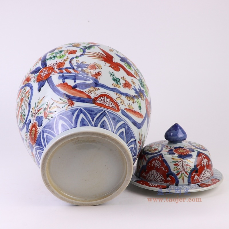 150件青花矾红开窗花鸟将军罐，产品编号：RZQF10       产品尺寸(单位cm):  高42直径26.5口径底径14.8重量5.1KG
