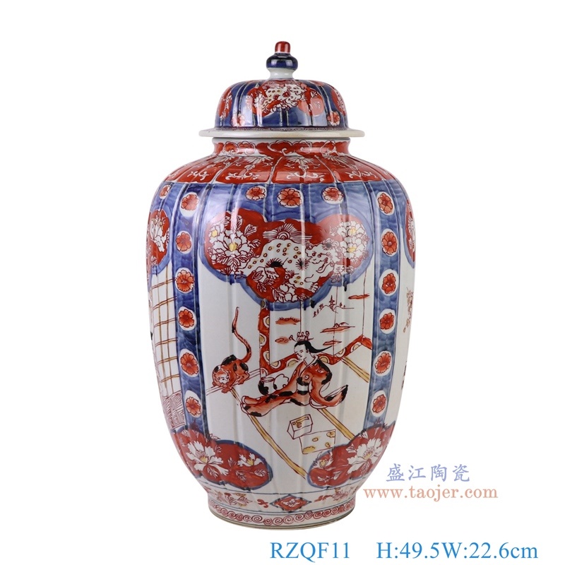 300件青花矾红刮筋人物将军罐，产品编号：RZQF11       产品尺寸(单位cm):  高49.5直径22.6口径底径15.3重量6.8KG