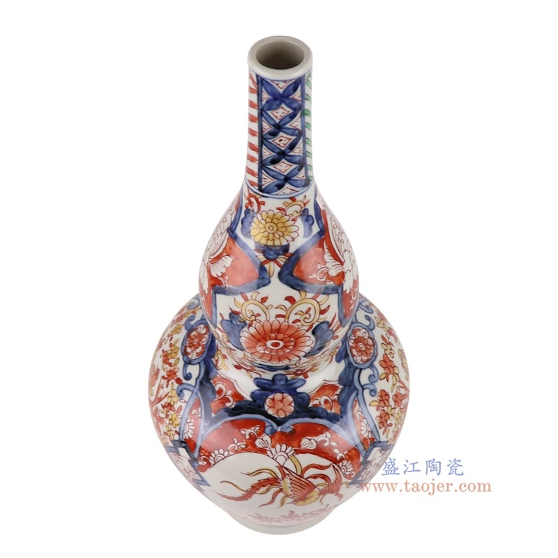 200件青花矾红花鸟廋葫芦瓶，产品编号：RZQF13       产品尺寸(单位cm):  高45.5直径20口径底径11重量2.9KG