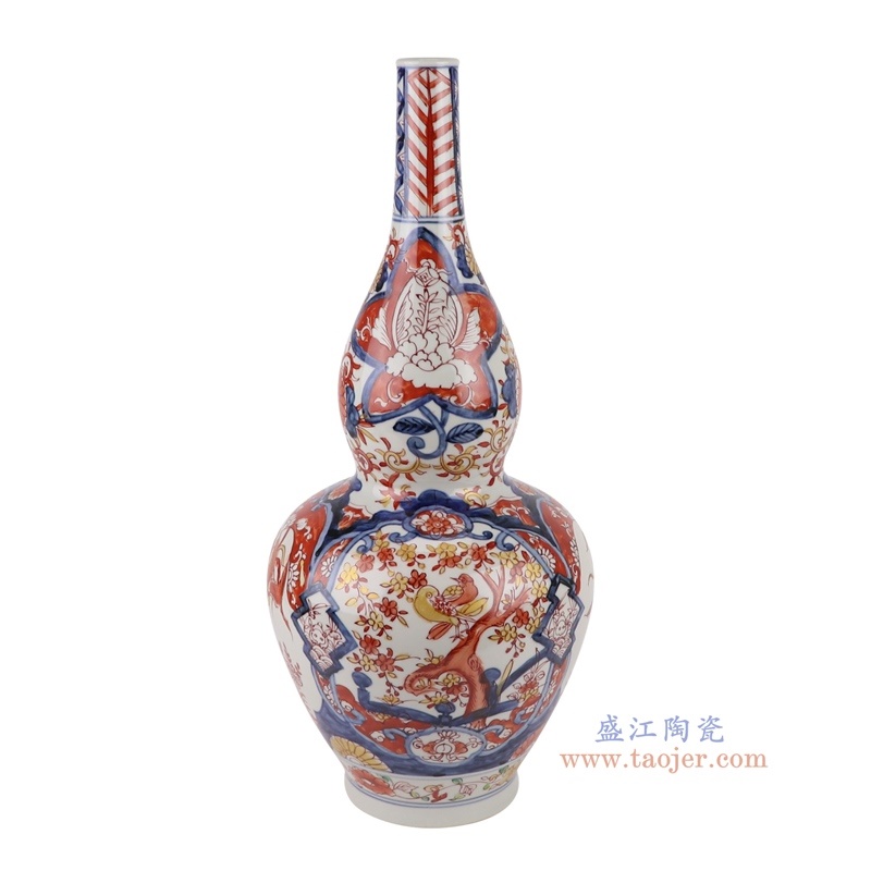 200件青花矾红花鸟廋葫芦瓶，产品编号：RZQF13       产品尺寸(单位cm):  高45.5直径20口径底径11重量2.9KG