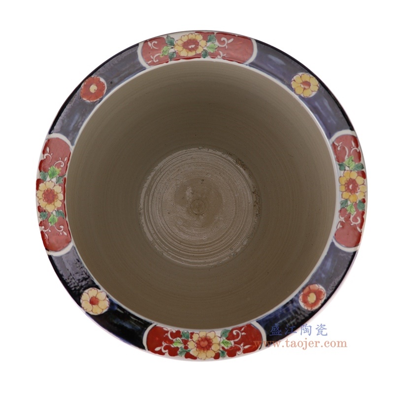 300件青花矾红锦地花鸟缸，产品编号：RZQF15       产品尺寸(单位cm):  高34.5直径40口径底径22.3重量9.55KG