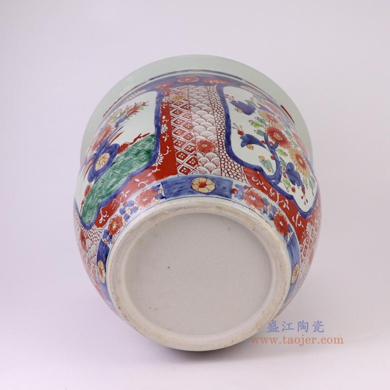 300件青花矾红锦地花鸟缸，产品编号：RZQF15       产品尺寸(单位cm):  高34.5直径40口径底径22.3重量9.55KG