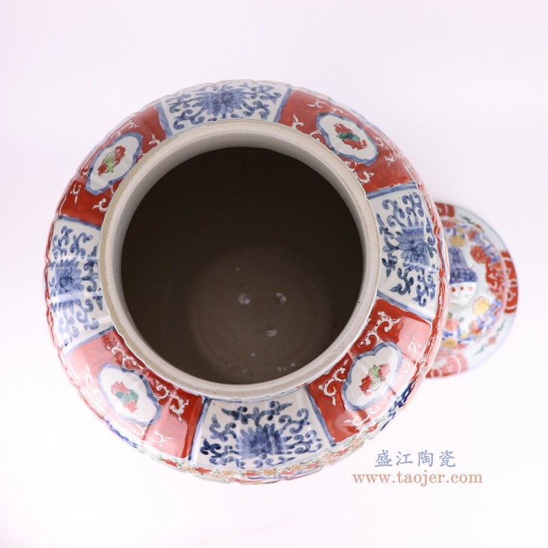 500件青花矾红狮子顶盖凤凰花鸟将军罐，产品编号：RZQF16       产品尺寸(单位cm):  高77.5直径37.8口径底径23重量16.65KG