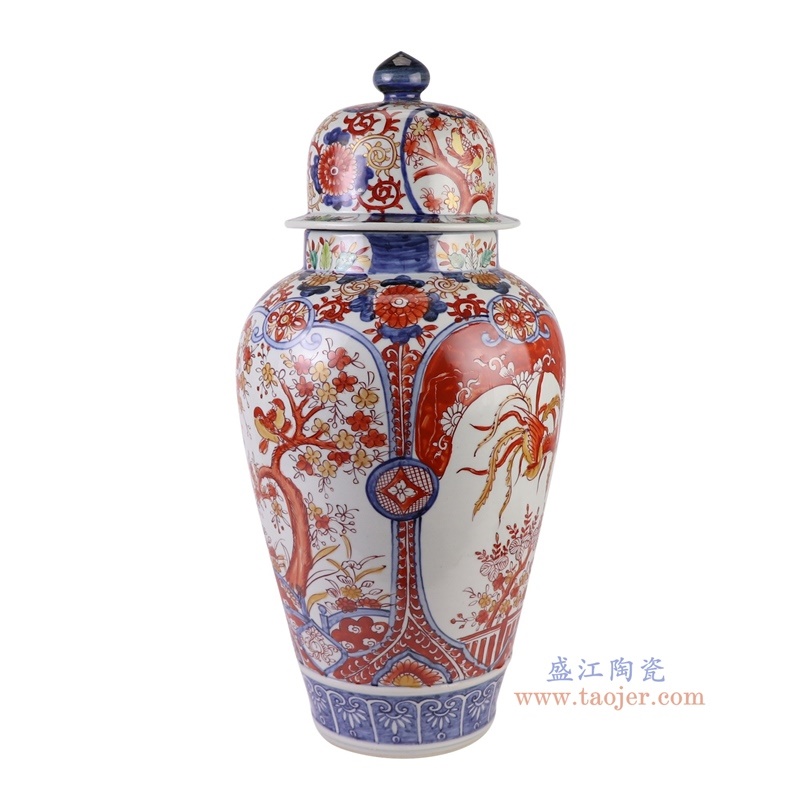200件青花矾红凤凰花鸟将军罐，产品编号：RZQF17       产品尺寸(单位cm):  高55.4直径26.3口径底径14.8重量7.75KG
