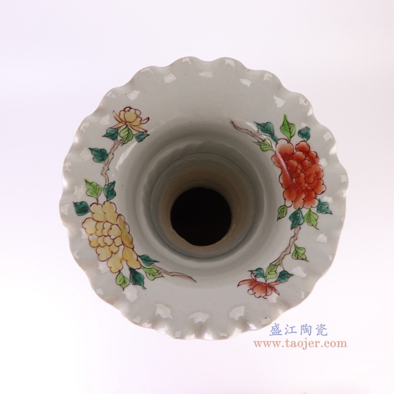 300件青花矾红凤凰花鸟花口瓶，产品编号：RZQF18       产品尺寸(单位cm):  高65.5直径24.5口径底径15重量8.45KG