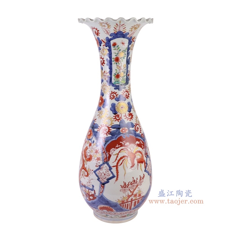 300件青花矾红凤凰花鸟花口瓶，产品编号：RZQF18       产品尺寸(单位cm):  高65.5直径24.5口径底径15重量8.45KG