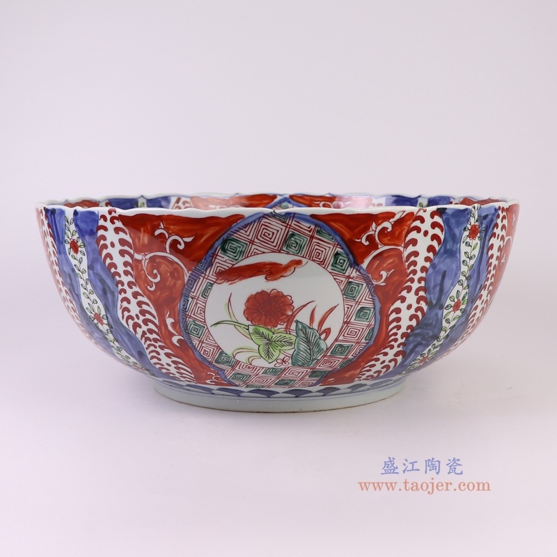 青花矾红花鸟碗大号，产品编号：RZQF19       产品尺寸(单位cm):  高17直径43.8口径底径23重量5.6KG