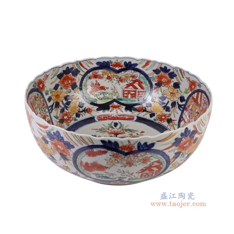 青花矾红人物碗中号，产品编号：RZQF21       产品尺寸(单位cm):  高14.8直径34口径底径19重量3.5KG