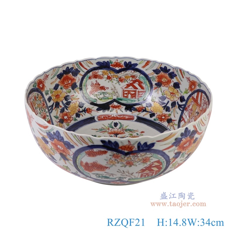 青花矾红人物碗中号，产品编号：RZQF21       产品尺寸(单位cm):  高14.8直径34口径底径19重量3.5KG