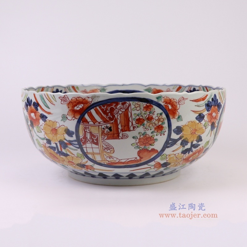 青花矾红人物碗中号，产品编号：RZQF21       产品尺寸(单位cm):  高14.8直径34口径底径19重量3.5KG