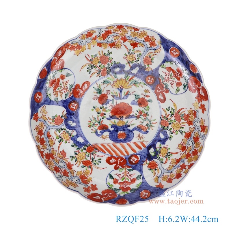 青花矾红花卉红叶纹大盘，产品编号：RZQF25       产品尺寸(单位cm):  高6.2直径44.2口径底径26.7重量2.75KG