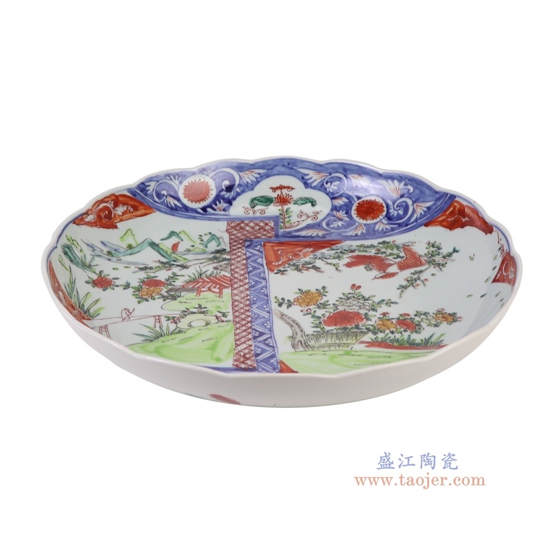 青花斗彩矾红山鹰人物花鸟开窗大盘,产品编号:RZQF26 产品尺寸(单位cm): 高7.8直径43.3口径底径26.8重量2.8KG