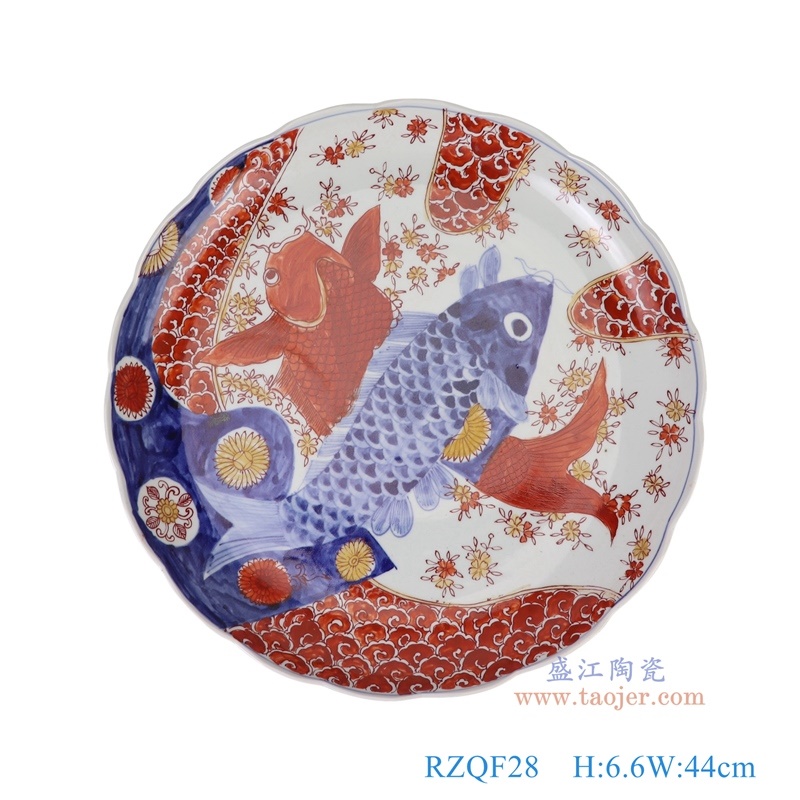 青花斗彩海水交叉鱼纹大盘,产品编号:RZQF28 产品尺寸(单位cm): 高6.6直径44口径底径27.2重量3.15KG