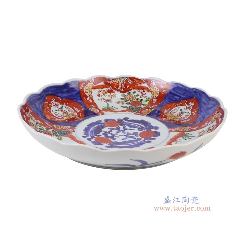 青花斗彩菊花纹大盘,产品编号:RZQF30 产品尺寸(单位cm): 高6.5直径34.8口径底径23.6重量2KG