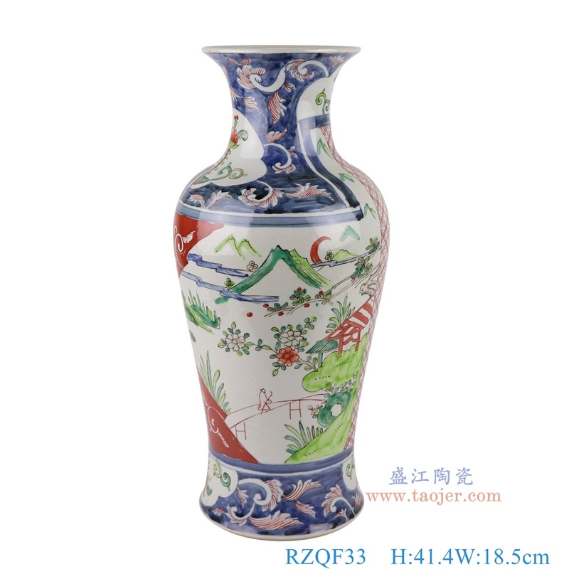 青花红绿斗彩山水人物鹰鱼尾瓶,产品编号:RZQF33 产品尺寸(单位cm): 高41.4直径18.5口径底径13.7重量3.7KG