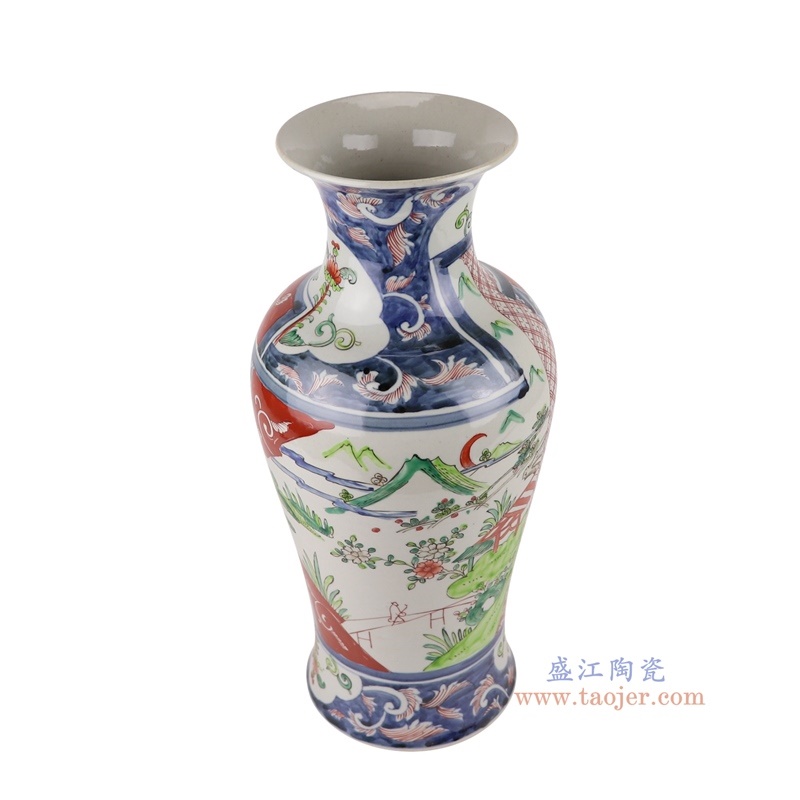 青花红绿斗彩山水人物鹰鱼尾瓶,产品编号:RZQF33 产品尺寸(单位cm): 高41.4直径18.5口径底径13.7重量3.7KG