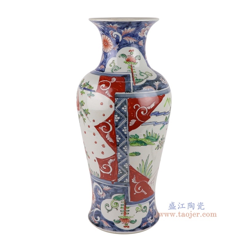 青花红绿斗彩山水人物鹰鱼尾瓶,产品编号:RZQF33 产品尺寸(单位cm): 高41.4直径18.5口径底径13.7重量3.7KG