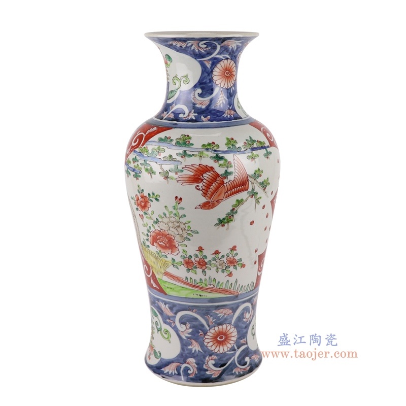 青花斗彩山水人物鹰鱼尾瓶,产品编号:RZQF33 产品尺寸(单位cm): 高41.4直径18.5口径底径13.7重量3.7KG
