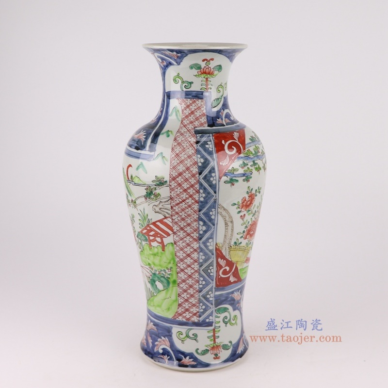 青花红绿斗彩山水人物鹰鱼尾瓶,产品编号:RZQF33 产品尺寸(单位cm): 高41.4直径18.5口径底径13.7重量3.7KG