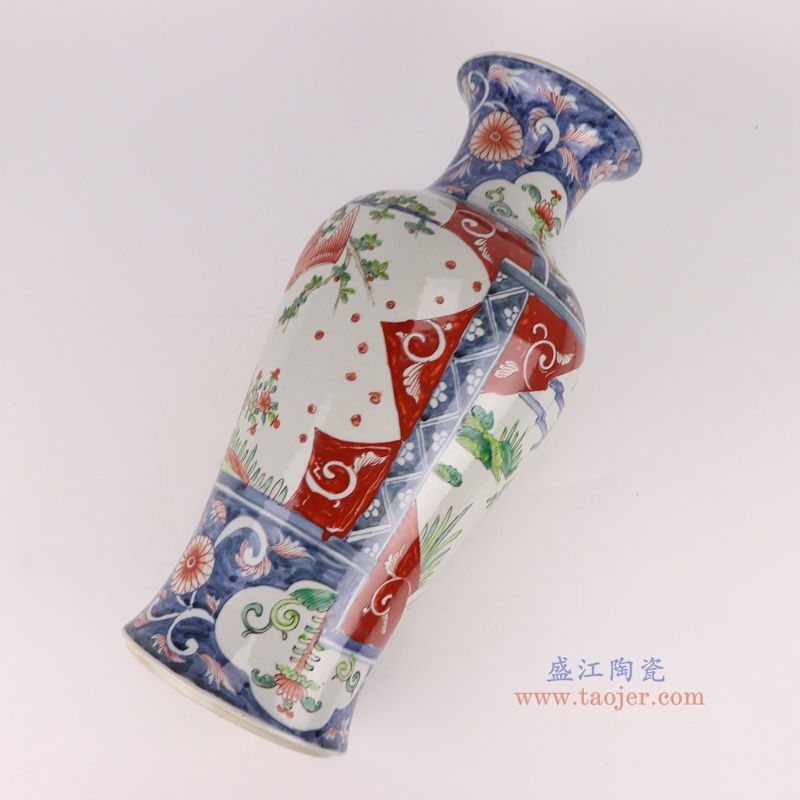 青花红绿斗彩山水人物鹰鱼尾瓶,产品编号:RZQF33 产品尺寸(单位cm): 高41.4直径18.5口径底径13.7重量3.7KG