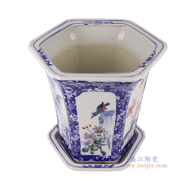 青花开窗梅兰竹菊花鸟带托八角花盆,产品编号:RZQM05 产品尺寸(单位cm): 高32.8直径32口径底径21.5重量3.95KG