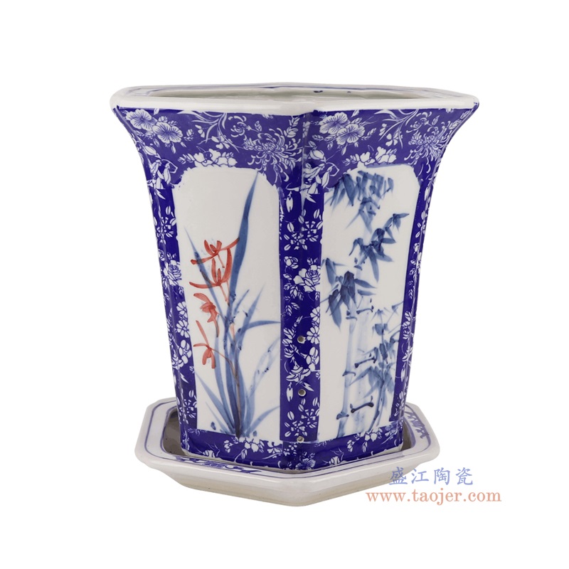 青花开窗梅兰竹菊花鸟带托八角花盆,产品编号:RZQM05 产品尺寸(单位cm): 高32.8直径32口径底径21.5重量3.95KG