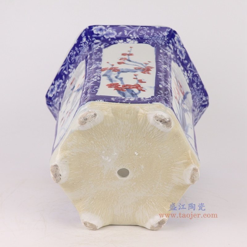 青花开窗梅兰竹菊花鸟带托八角花盆,产品编号:RZQM05 产品尺寸(单位cm): 高32.8直径32口径底径21.5重量3.95KG