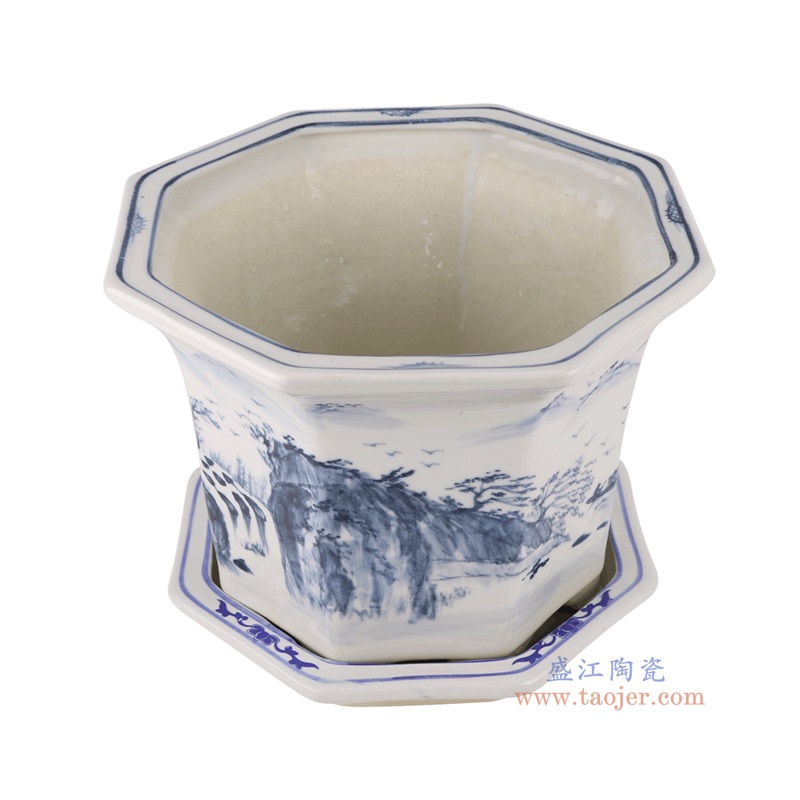 青花山水八角花盆,产品编号:RZQM06 产品尺寸(单位cm): 高25.2直径31.8口径底径23.5重量4.5KG