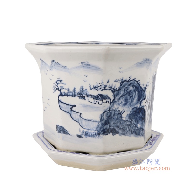 青花山水八角花盆,产品编号:RZQM06 产品尺寸(单位cm): 高25.2直径31.8口径底径23.5重量4.5KG