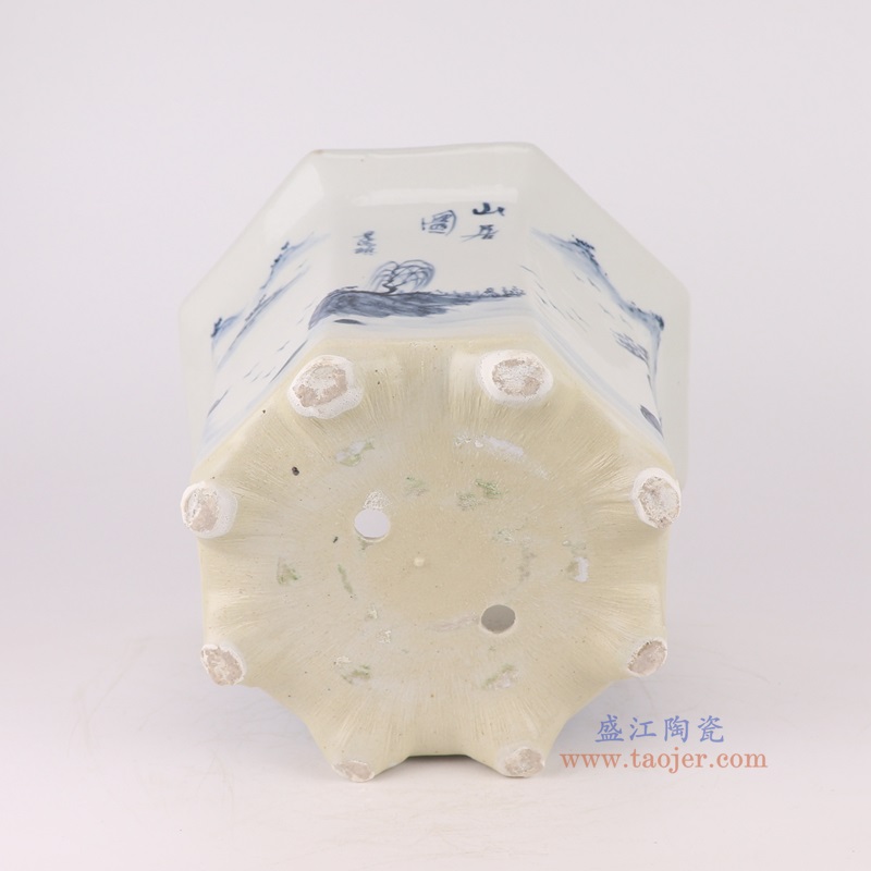青花山水八角花盆,产品编号:RZQM06 产品尺寸(单位cm): 高25.2直径31.8口径底径23.5重量4.5KG