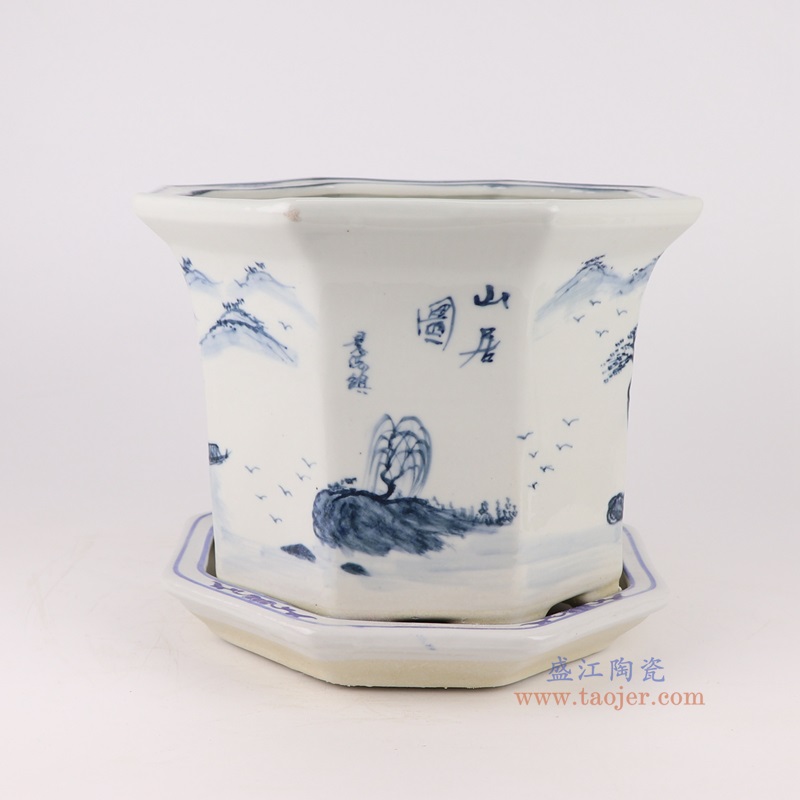 青花山水八角花盆,产品编号:RZQM06 产品尺寸(单位cm): 高25.2直径31.8口径底径23.5重量4.5KG