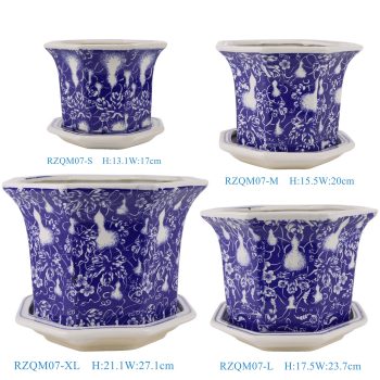RZQM07   青花蓝底葫芦纹带托八角花盆四件套，