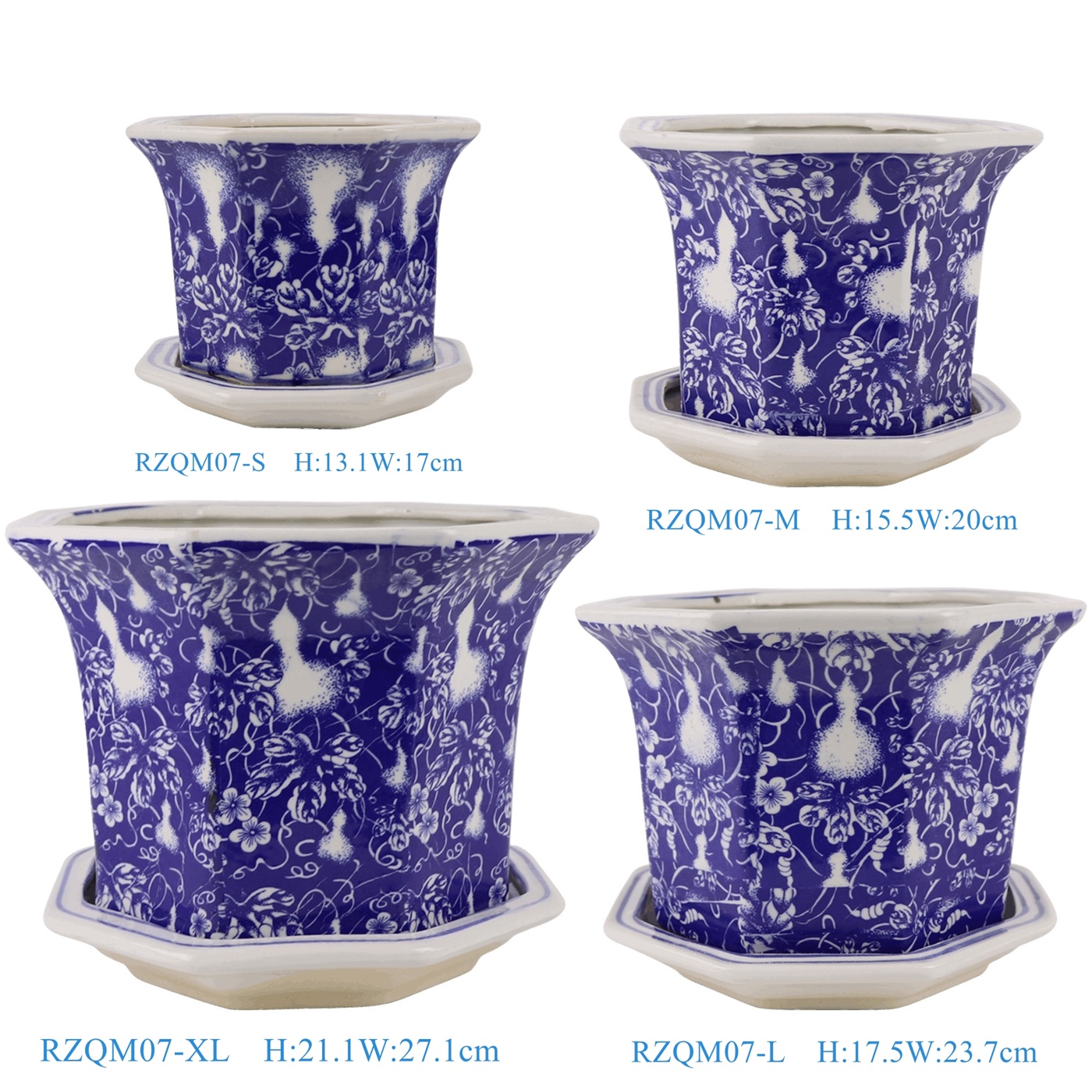 青花蓝底葫芦纹带托八角花盆四件套,产品编号:RZQM07 产品尺寸(单位cm): 高直径口径底径重量KG