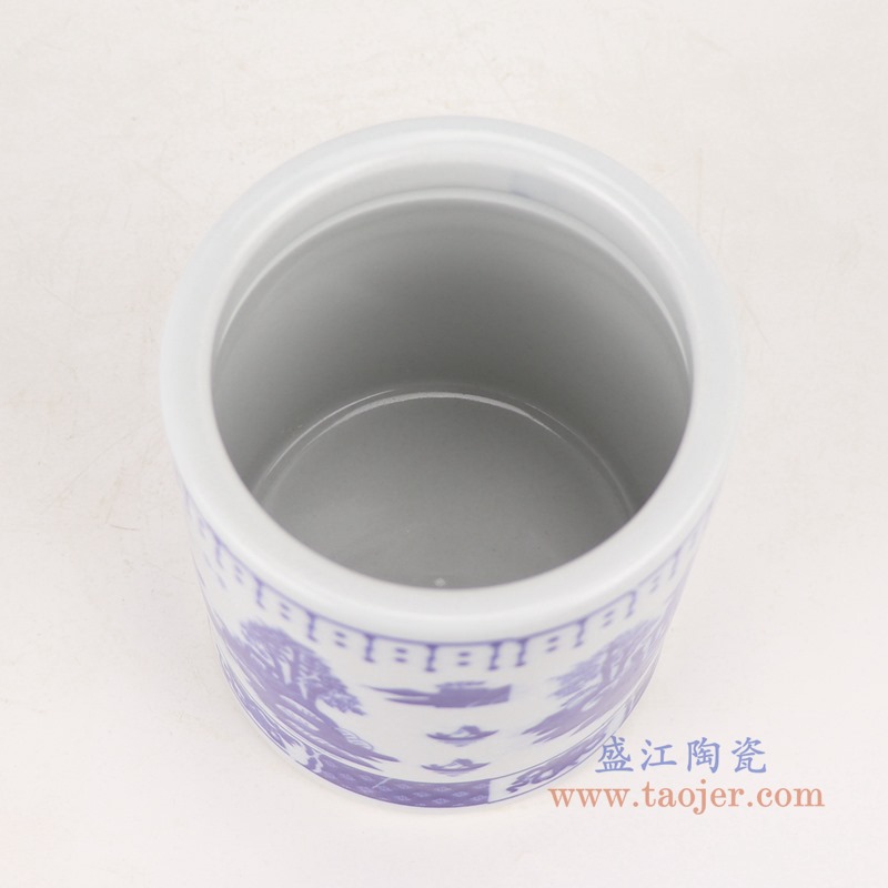 青花梧桐问笔筒;产品编号:RZRZ02-B 产品尺寸(单位cm): 高:12直径:10.2口径:10.2底径:9.8重量:0.5KG